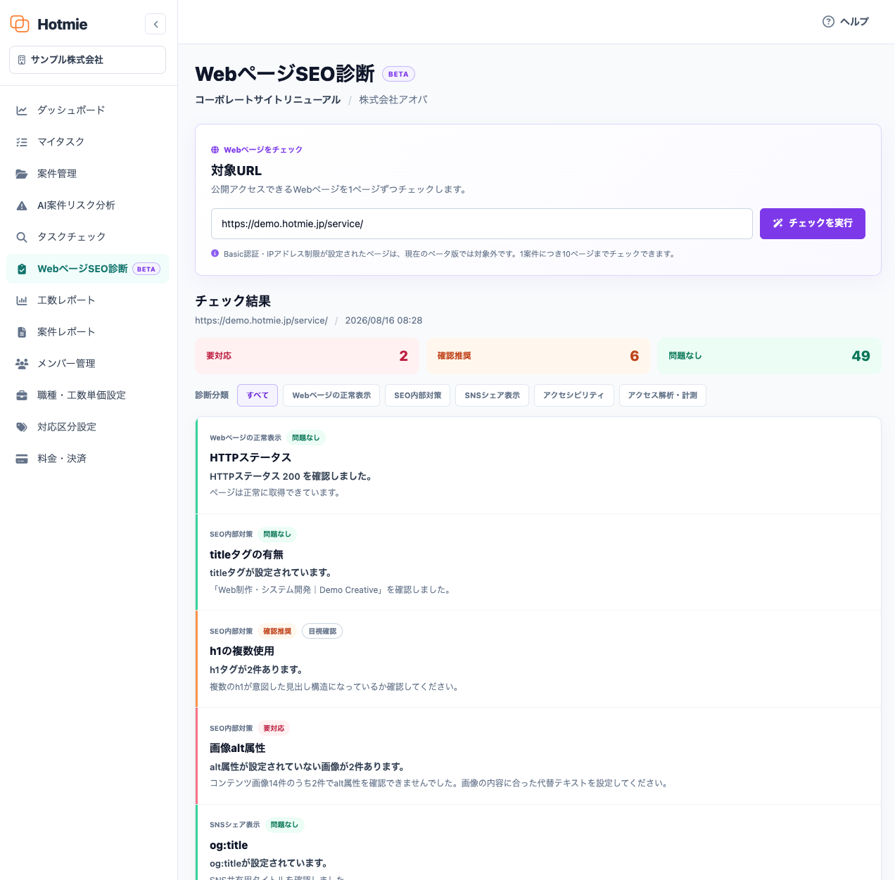 HotmieのWebページSEO診断のチェック結果画面